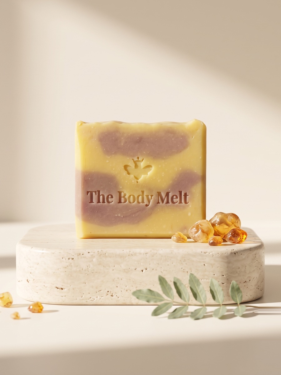 Frankincense Melt soap bar on a travertine block with frankincense resin